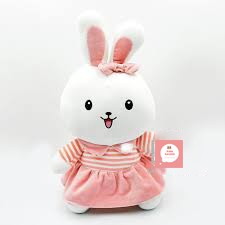 Gấu bông đôi thỏ mặc váy và yếm màu xanh hồng kích thước 40cm Pink Kaizen