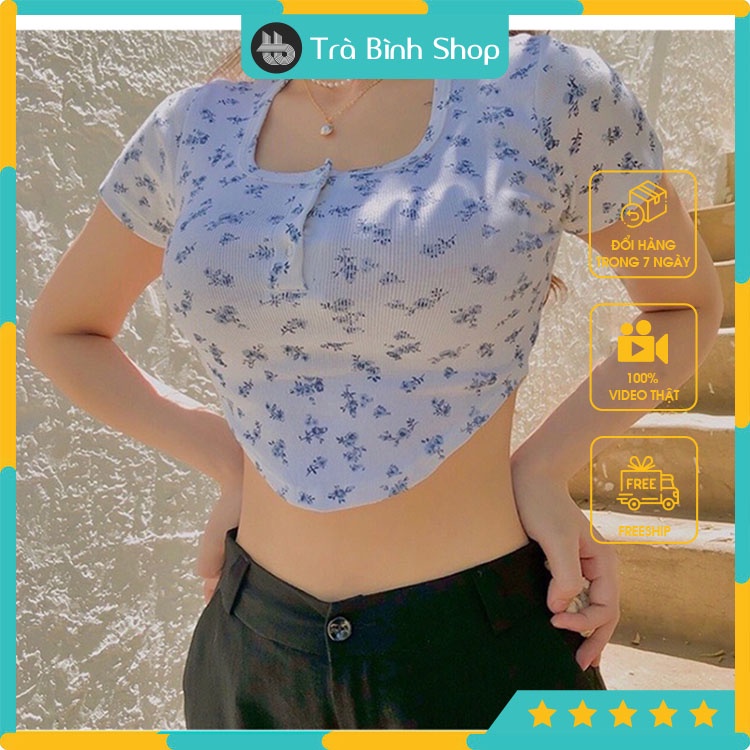Áo croptop nữ ngắn tay dệt kim họa tiết hoa cổ vuông đính cúc chất cotton siêu xinh