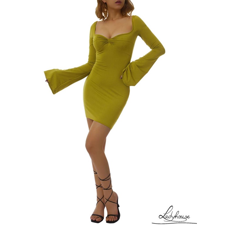 Đầm cổ vuông tay loe màu trơn quyến rũ cho nữ