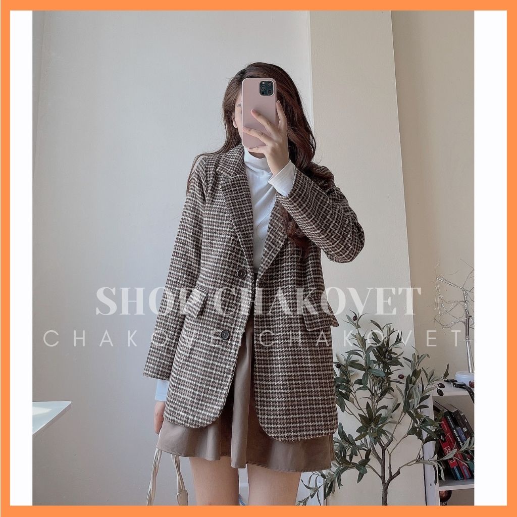 Áo blazer dạ kẻ nữ AD8113, kiểu áo vest dạ kẻ túi nắp thiết kế 2 lớp dài tay 2 cúc đẹp cá tính style hàn quốc
