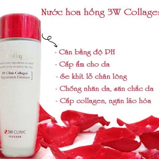 Nước Hoa hồng 3W Clinic Collagen Màu Đỏ Chống Lão Hóa - Màu Trắng Sáng Da 150ml