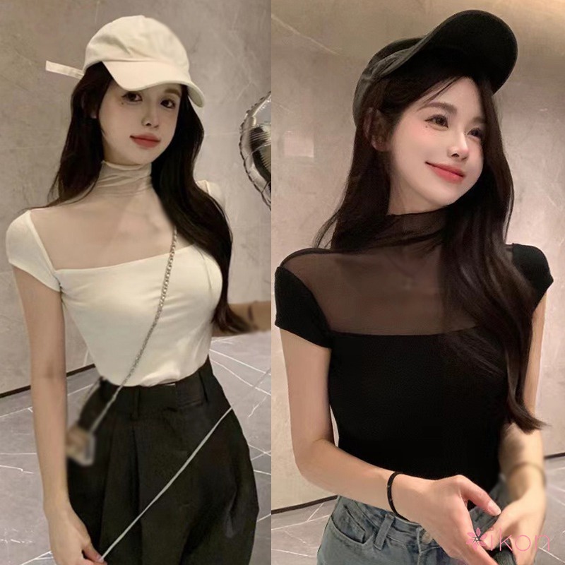 Áo Thun Tay Ngắn Cổ Vuông Màu Sắc Đơn Giản Thời Trang Mùa Hè Cho Nữ