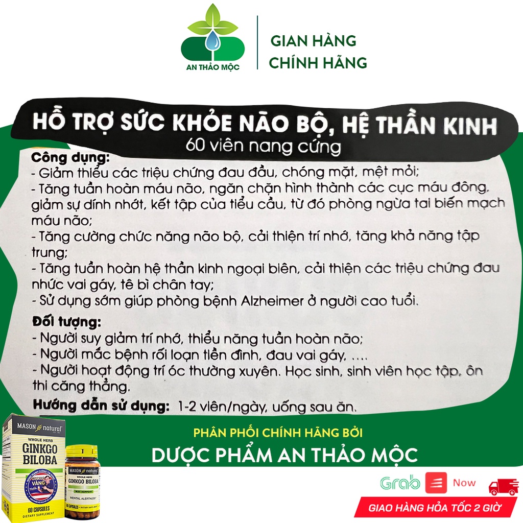 Viên Uống Mason Natural Ginkgo Biloba Tăng Cường Chức Năng Bộ Não, Hệ Thần Kinh Lọ 60 Viên