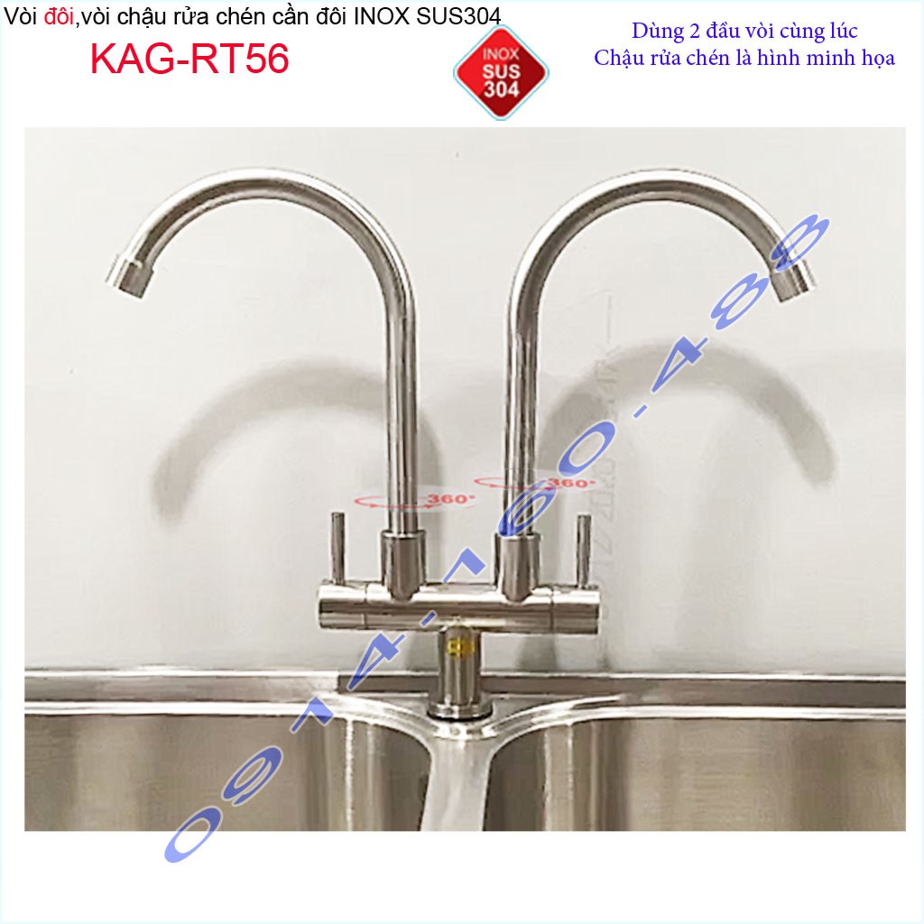 Vòi rửa chén đôi Inox SUS304 KAG-RT56, vòi chậu 2 hộc, vòi rửa chén bát lạnh 2 đầu vòi xả nước mạnh sử dụng tốt