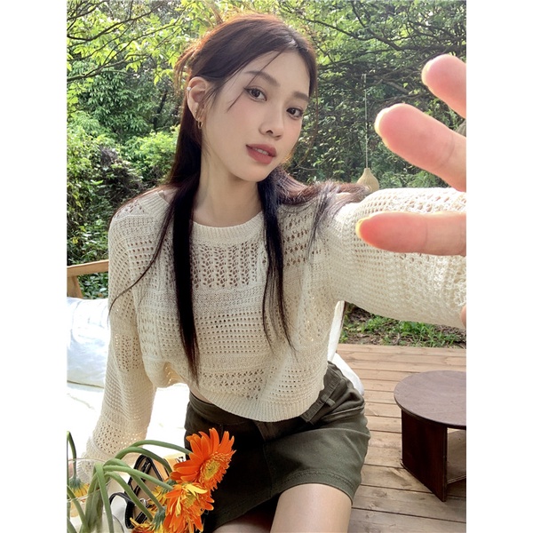 QKOOLE Áo croptop  dệt kim tay dài cổ tròn phong cách cổ điển Hàn Quốc cho nữ