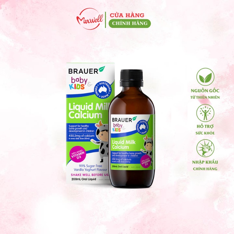 Canxi dạng sữa và Vitamin D Brauer Baby &amp; Kids Liquid Milk Calcium cho bé từ 7 tháng tuổi (200ml)