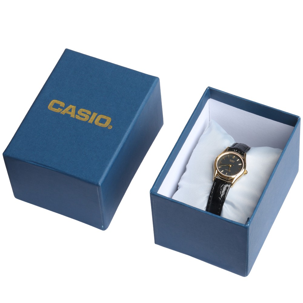 Đồng hồ Casio nữ dây da thể thao, mặt đen viền vàng sang trọng, chống nước WR30M đi bơi (LTP-1094Q-1ARDF)