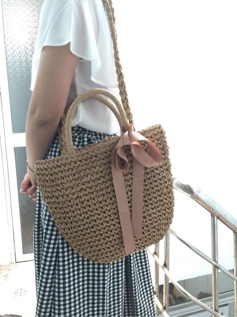 Combo túi cói nơ và mũ cói móc mềm vintage