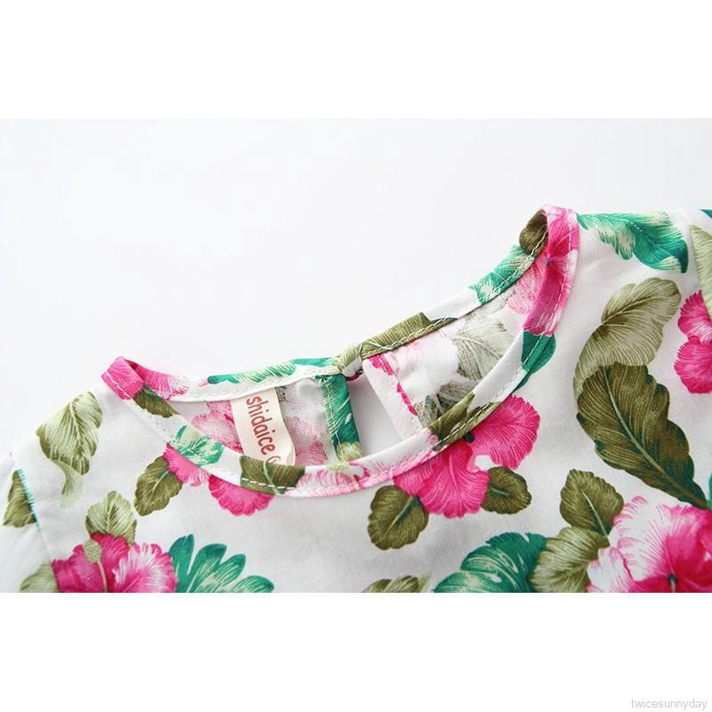 Đầm cotton mỏng tay ngắn loe in họa tiết hoa phong cách retro mùa hè xinh xắn cho bé gái