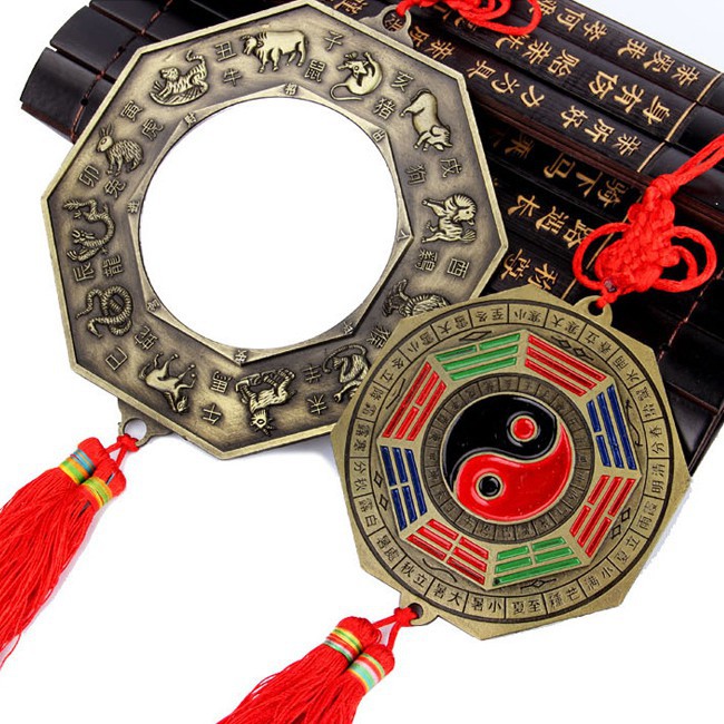 Gương bát quái phẳng treo phong thủy âm dương kẽm mặt sau gương phẳng 12 con giáp có dây tâm kết đồ thờ cúng phong thủy