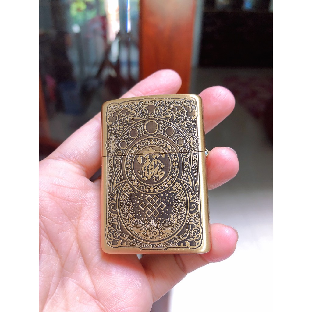 VỎ BẬT LỬA Zippo Tỳ Hưu Khắc Chìm 5 Mặt- MÀU VÀNG - VÀNG