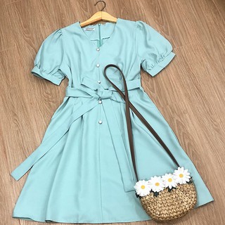 Đầm váy freesize mint nút ngọc thắt nơ