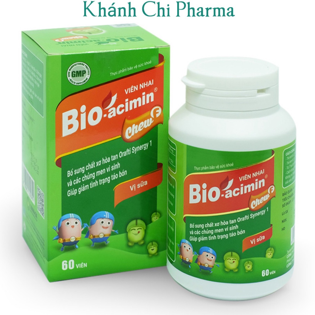 Viên nhai vị sữa Bioacemin chew F lọ 60 viên. Bổ sung chất xơ và các chủng men giúp giảm tình trạng táo bón ở trẻ