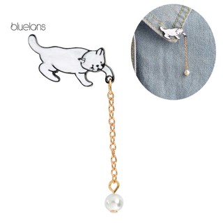 Bluelans Unisex Giả Ngọc Trai Dây Xích Tua Rua Mèo Trâm Cài Áo Khoác Huy Hiệu Trang Sức Phụ Kiện