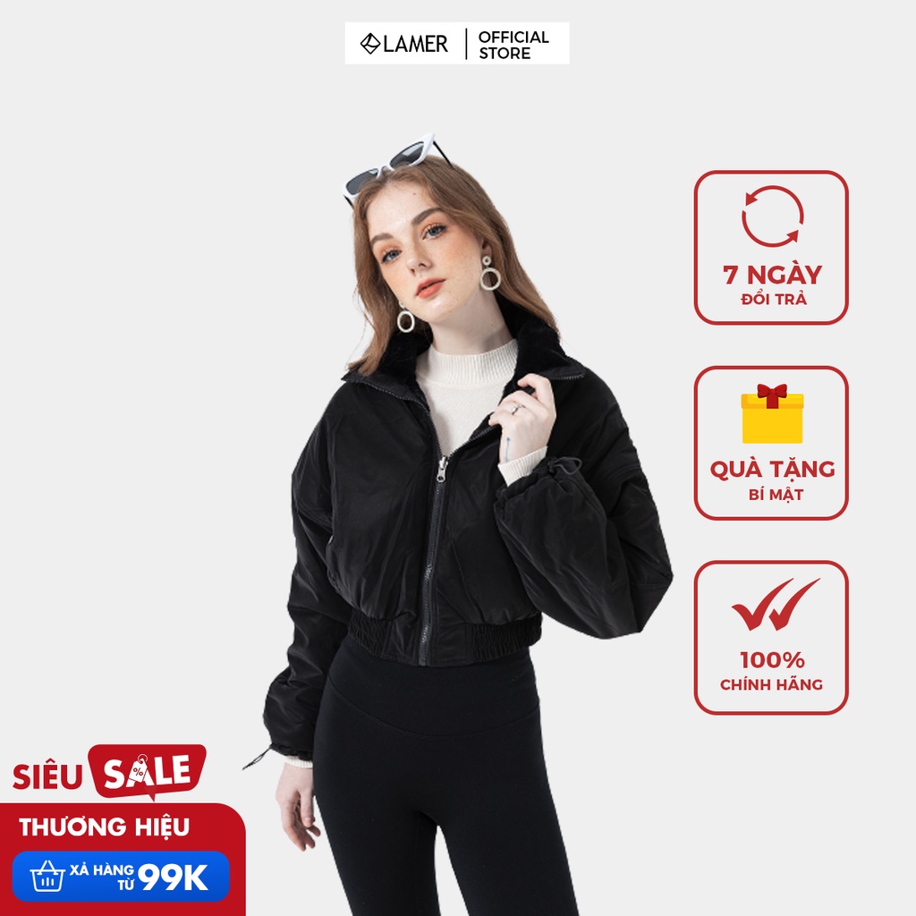 Áo phao croptop lót lông (mặc 2 mặt) LAMER N65P20T084 (đen)