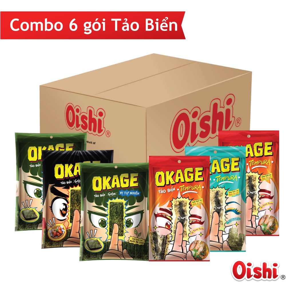 Combo 6 gói Oishi Tảo Biển Tempura &amp; Tảo Biển Giòn Okage (22g/ gói)