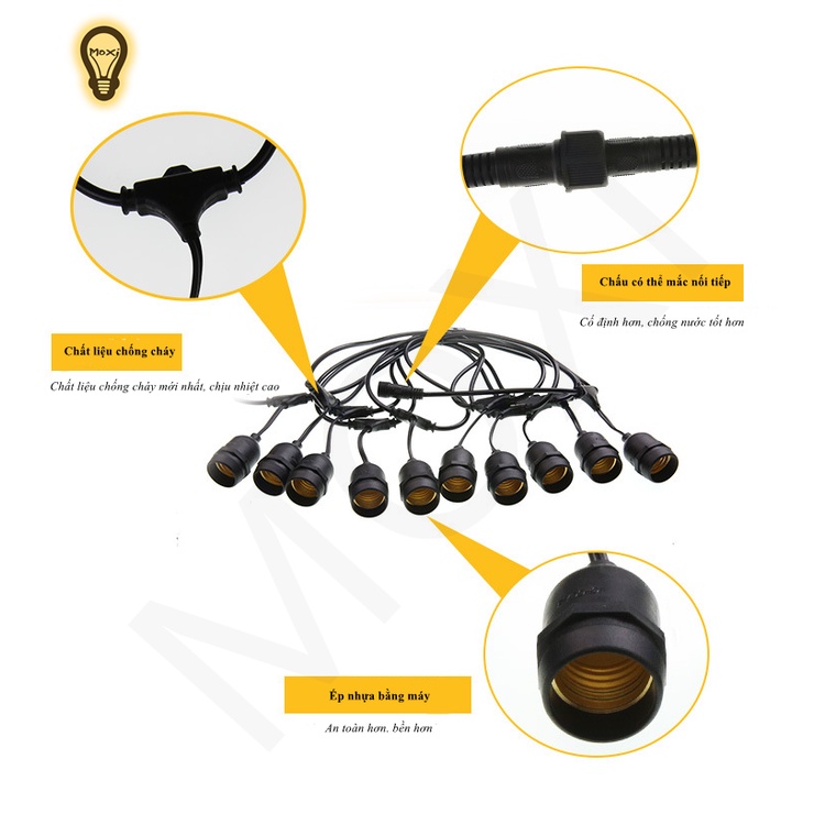 Dây đèn LED Đui E27 Kín Nước Ngoài Trời trang trí DECOR ban công, sân vườn, quán cà phê, quán ăn 5M 10M MOXI
