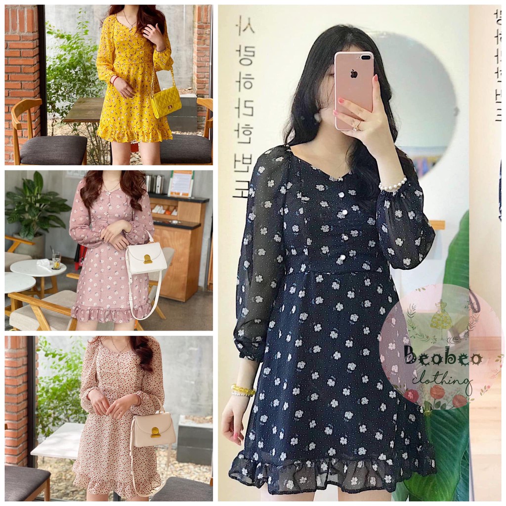 Đầm hoa nhí đuôi cá tay phồng phối nút vintage