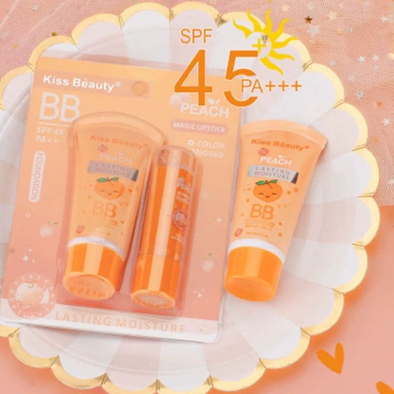 Combo Kem Nền Chống Nắng Và Son Dưỡng Peach Kiss Beauty