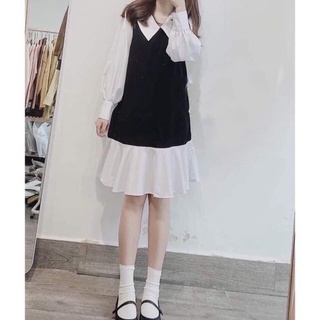 Đầm babydoll dài tay cổ sen ❤️freeship❤️ váy nữ tay bèo đuôi cá phối màu 1994closet