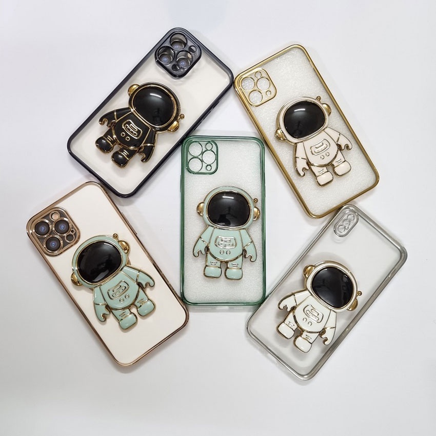 Ốp lưng cho Iphone dẻo trong viền vuông màu kèm đế đỡ Phi Hành Gia Cực Chất từ 7plus/8plus/x/xsmax/11/12/13/pro/max đẹp