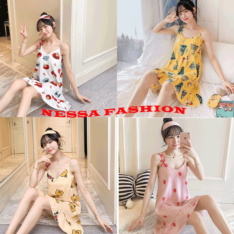 Váy Ngủ Nữ Siêu Xinh Xắn - Đồ Ngủ Mặc Nhà Có Miếng Đệm Mềm Mịn Gợi Cảm VN04 - Tặng Ngay Bịt Mắt Ngủ Cùng Kiểu