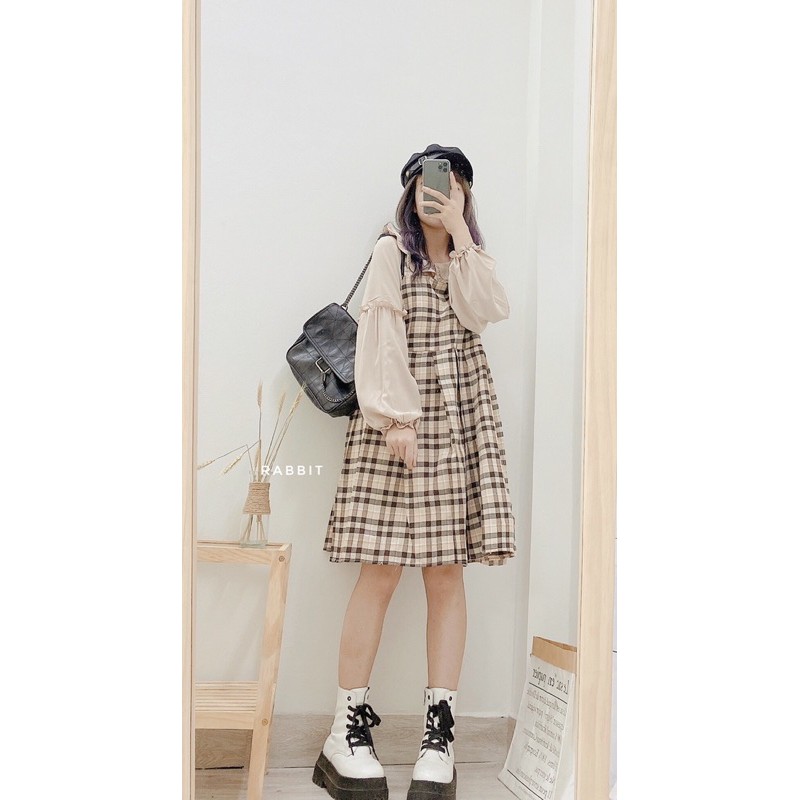 Váy Yếm Kẻ Caro Kèm Áo Cổ Bèo Tay Bồng Kiểu Dáng Thời Trang SYK | BigBuy360 - bigbuy360.vn
