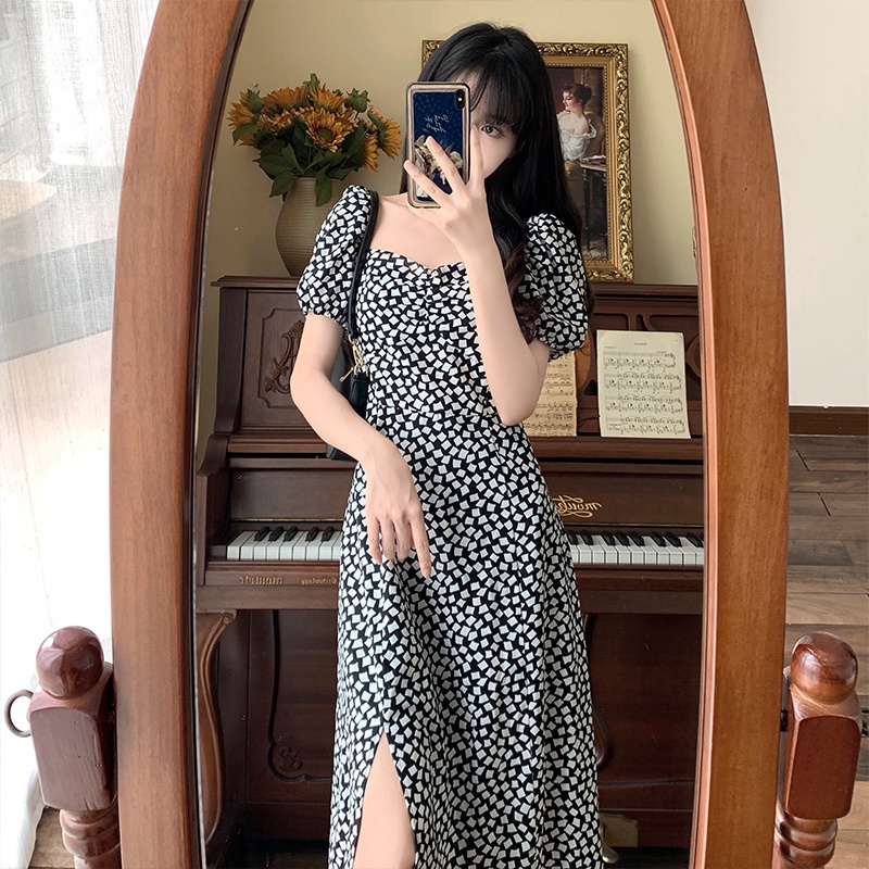 Đầm Tay Phồng Cổ Vuông Họa Tiết Hoa Thời Trang Cho Nữ