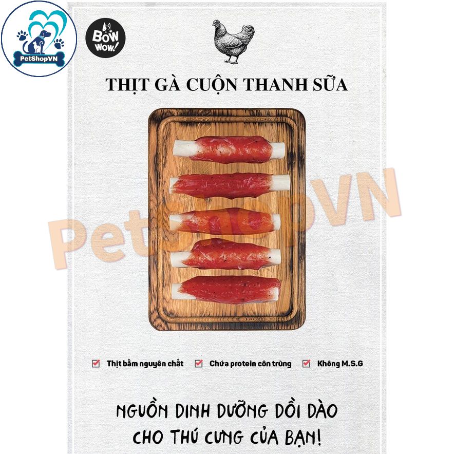 Thịt Cuộn Thanh Sữa Snack Cho Chó Mèo BOWWOW Túi 80G Vị Thịt Heo, Gà & Vịt