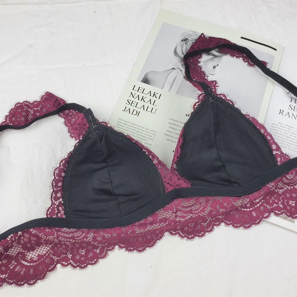 Bộ đồ lót ren không gọng mút vừa gợi cảm màu tím nhúng vai quần kẹp tất - Nội y sexy by NHÀ SÒ Bralette NS201