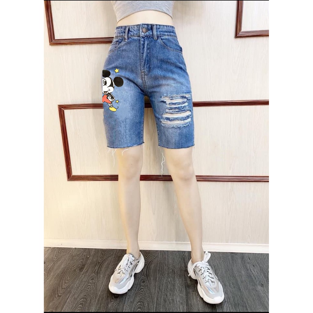 [60kg~90kg] Quần jean ngố / lửng BIG SIZE lưng cao, co dãn mạnh rách kiểu đẹp IN HÌNH chuột mickey 3459 moliruan