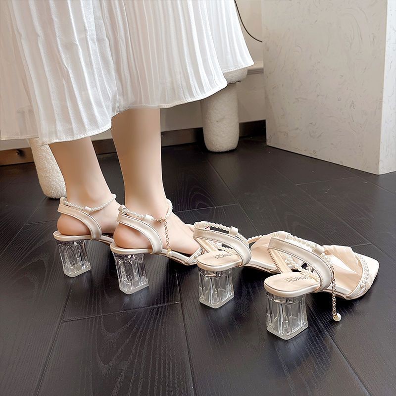 Giày Sandal Gót Dày Quai Trong Suốt Thời Trang Mùa Hè Pháp Sang Trọng