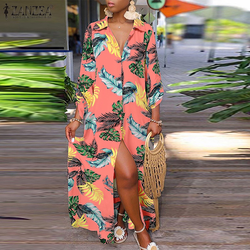 Đầm dài Zanzea dáng rộng tay dài in họa tiết lá thời trang cho nữ
