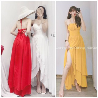 Sẵn đỏ trắng Váy maxi hai dây hở lưng xẻ đùi / váy maxi cổ yếm  boho đỏ trắng