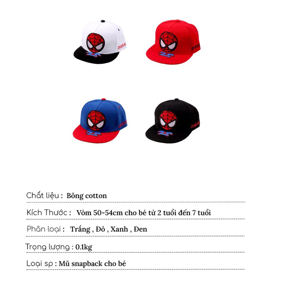 Mũ cho bé trai từ 2 tuổi đến 7 tuổi nón snapback trẻ em họa tiết người nhện mùa hè đáng yêu xinh xắn người nhện a