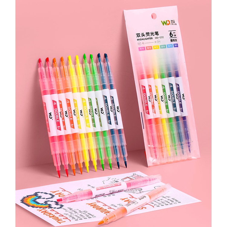 Bộ Bút Đánh Dấu Hai Đầu 6 Màu Sắc Tiện Lợi Dành Cho Học Sinh