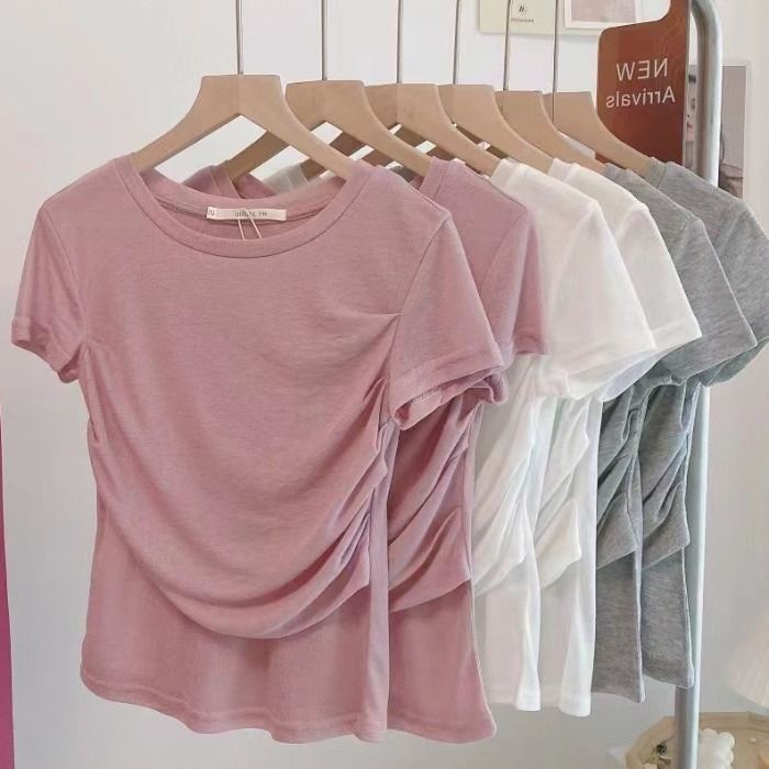 Áo Thun Tay Ngắn Dáng Ôm Xếp Ly Thời Trang Hàng Mới Dành Cho Bạn Nữ Dễ Phối Đồ