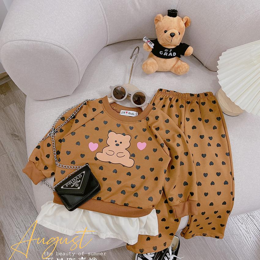 Bộ Quần Áo Dài Tay Trẻ Em Thu Đông Họa Tiết Tym Hình Gấu Quần LOEE Vải Nỉ Cho Bé Từ 8-22kg Mã DT45