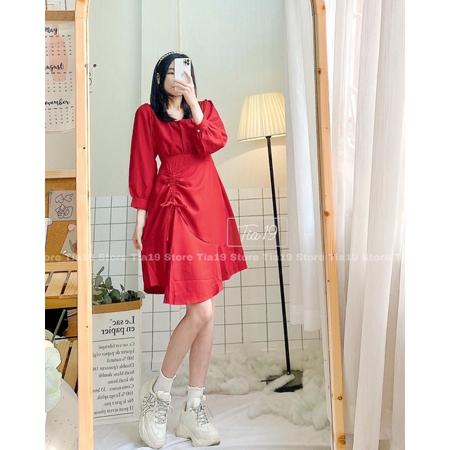 Váy cổ vuông xếp ly rút dây dài tay Tia19 . Đầm dài đỏ Tết dáng xoè ulzzang
