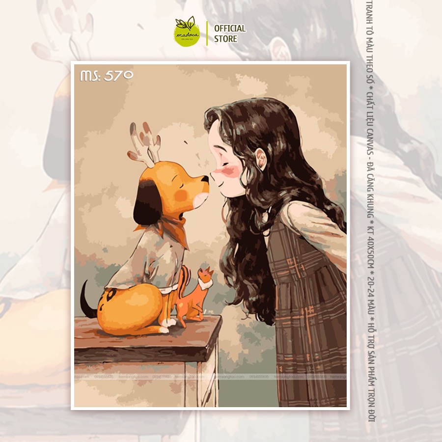 Tranh tô màu 40x50cm có khung Cô Bé Tóc Rối cùng cún con T570