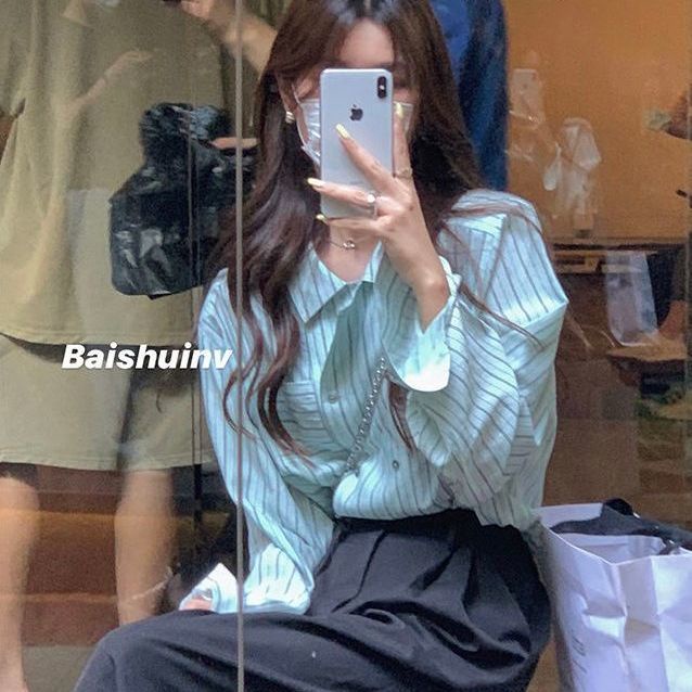 Áo sơ mi tay dài in sọc vàng thời trang Hàn Quốc dành cho nữ