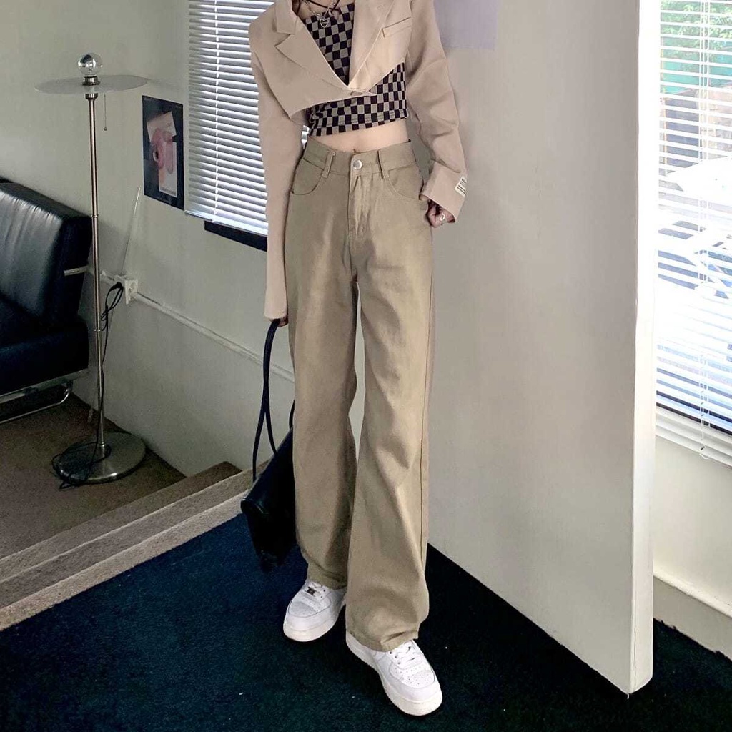 Quần jean dài SUXI ống rộng lưng cao màu sắc đơn giản thời trang Hàn Quốc cho nữ