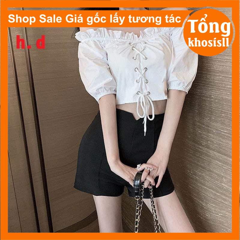 [ẢNH THẬT] áo croptop nữ tay bồng có dây nơ ,trễ vai oze