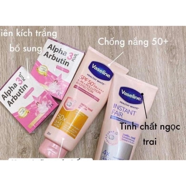 ( Có bill) Bộ dưỡng trắng toàn thân ngày đêm Vaseline 50x &amp; vỉ alpha Arbutin