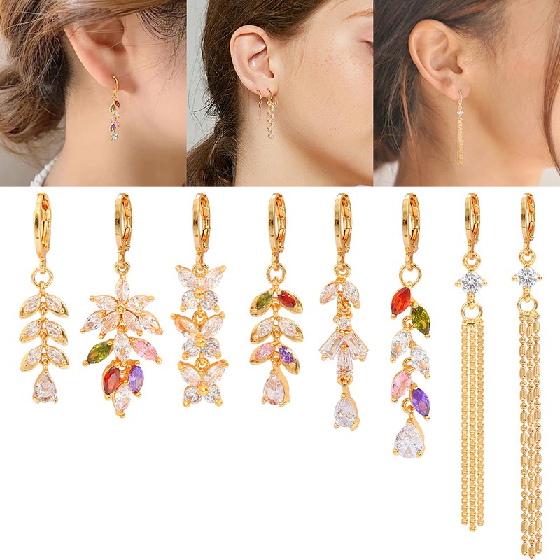 BEADIA 1 Đôi Bông Tai Dáng Dài Đính Đá Zircon Phong Cách Thời Trang Hàn Quốc Mới