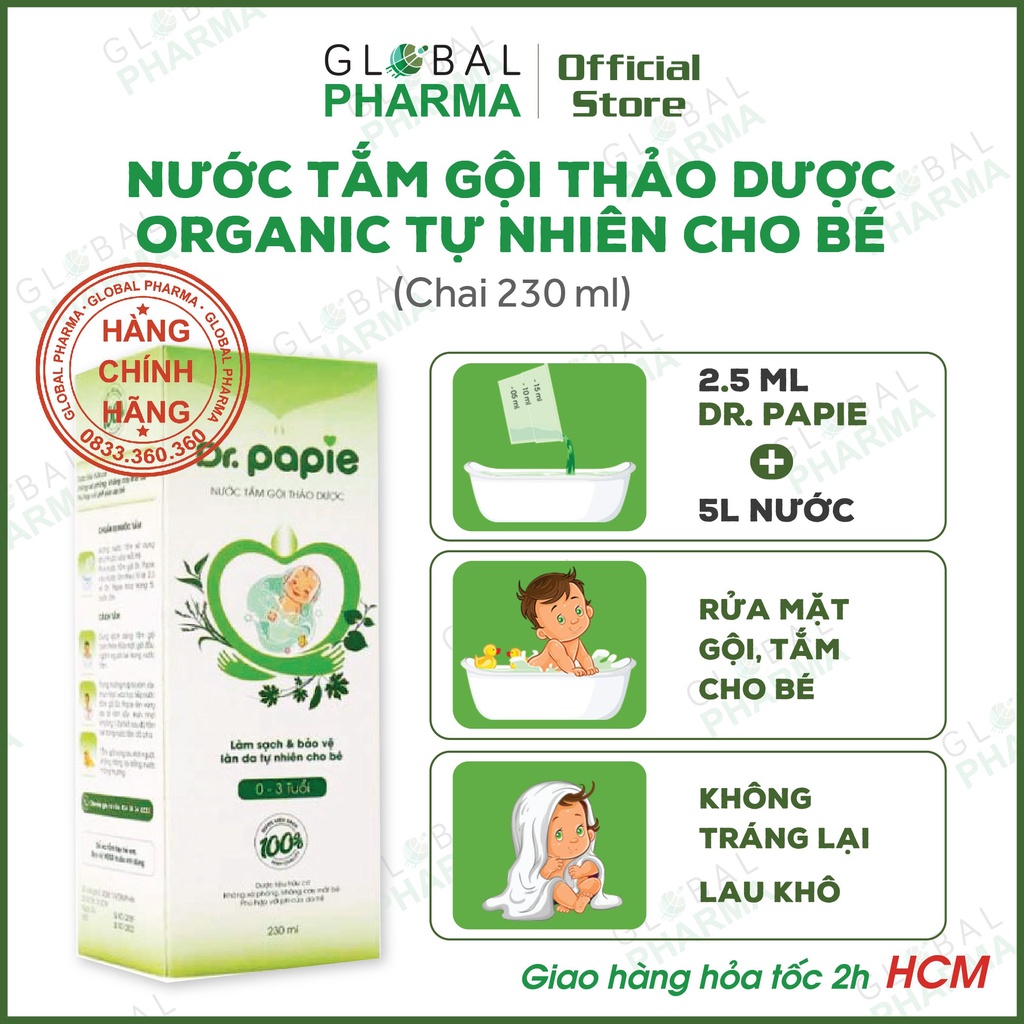 Nước Tắm Gội Thảo Dược Dr.Papie Chống Cảm Cúm và Rôm Sảy (Chai 230ml) - An Toàn Cho Bé Sơ Sinh