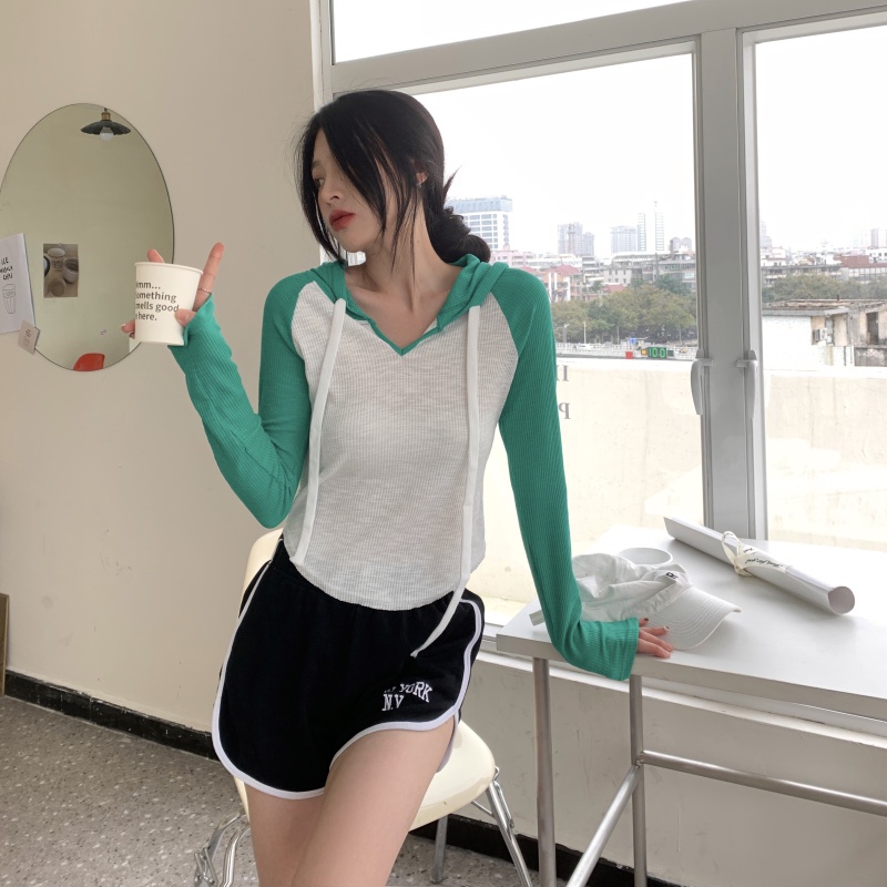 Áo Thun Tay Dài Có Mũ Phối Màu Tương Phản Thời Trang Mùa Hè Dễ Phối Đồ Cho Nữ