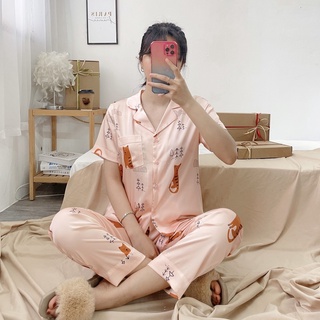Bộ mặc nhà Pyjama chất lụa Tea Store áo cộc quần dài họa tiết hổ cam