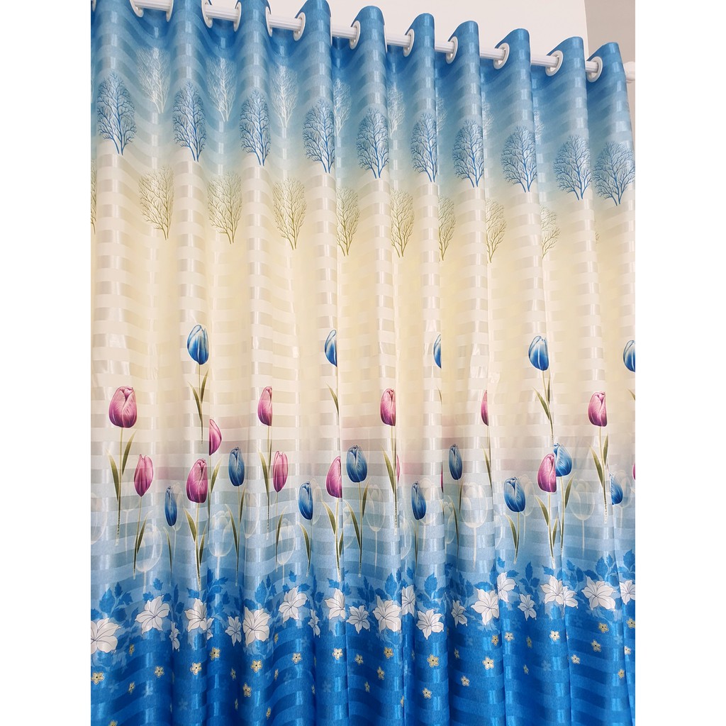 Rèm cửa sổ, cửa phòng ngủ chống nắng giá rẻ, màn cửa vải trang trí decor hoạ tiết hoa tulip xanh