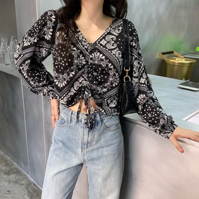 Áo Sơ Mi Lửng Tay Dài Họa Tiết Hoa Phối Dây Rút Phong Cách retro Mùa Hè Cho Nữ